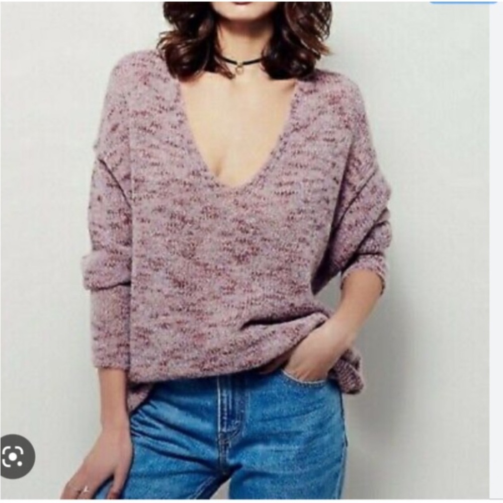 Free People Purple/Pink Pullover V-neck Sweater, Size Large